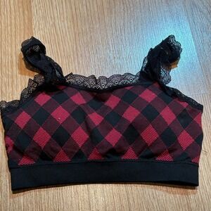 Maurices Red Black Buffalo Plaid‎ Bralette Crop Top Lace Trim Women's S